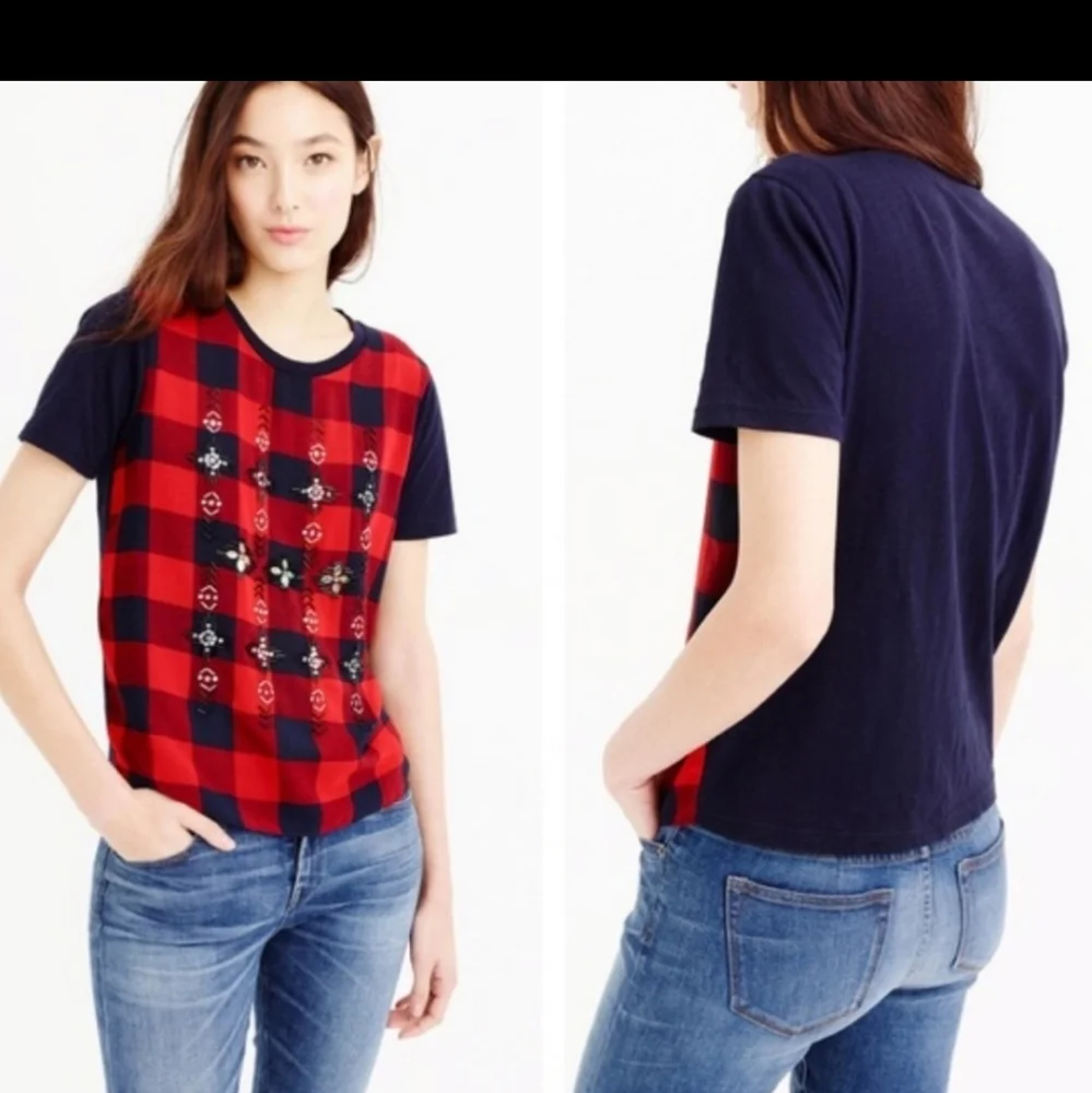 J. Crew Embellished Plaid Tartan T-Shirt/ Tee, XXS